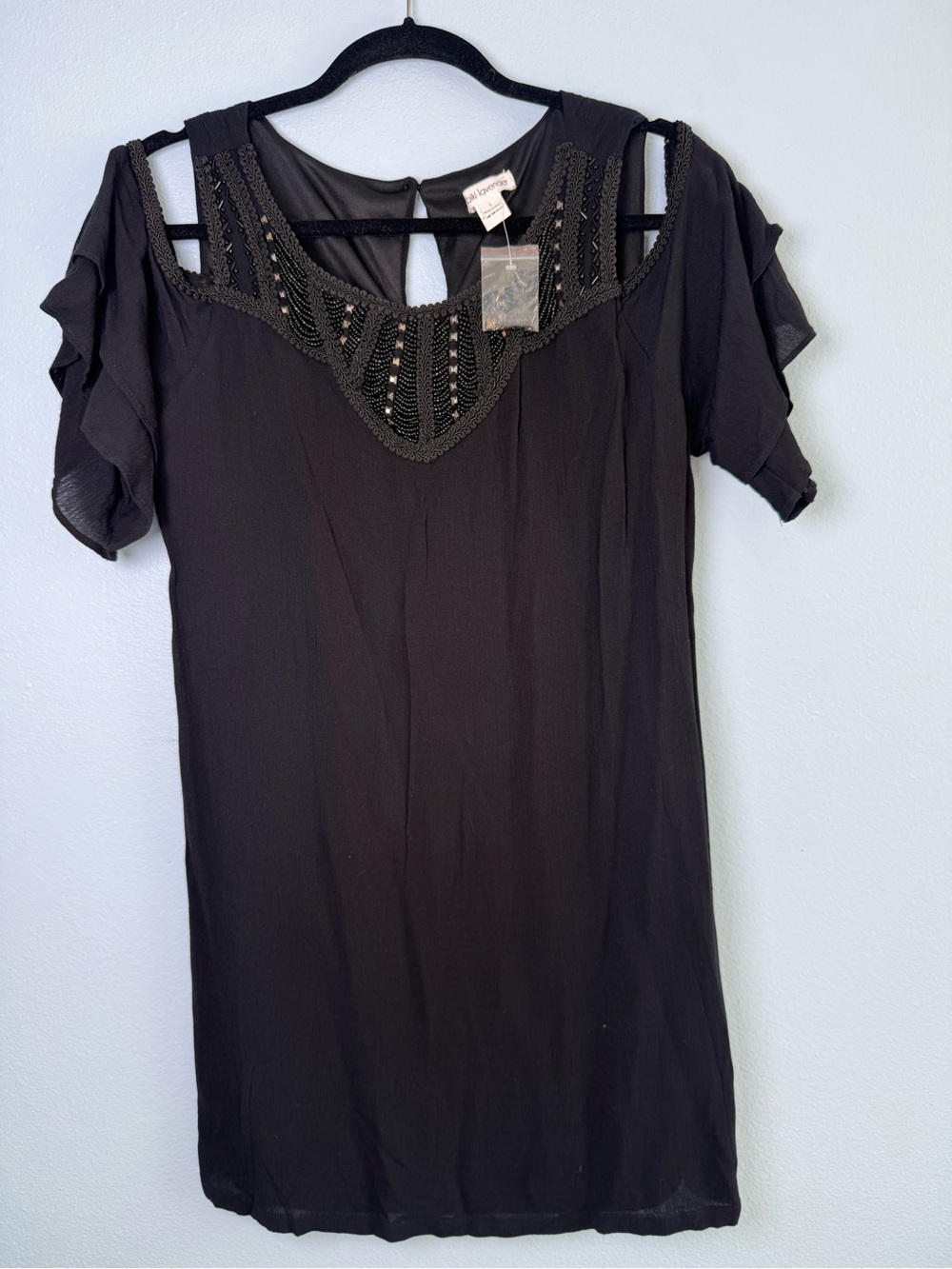 Nikibiki Black Cold-Shoulder Tunic Dress with Beaded Yoke